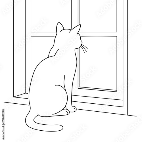 Line drawing of a cat sitting by a window, gazing outside