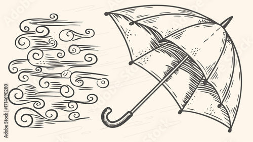 Illustration of an open umbrella against a strong wind with swirling gusts blowing from the left side