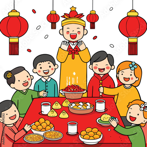 Happy family with children cooking a fun dinner in a cartoon kitchen illustration