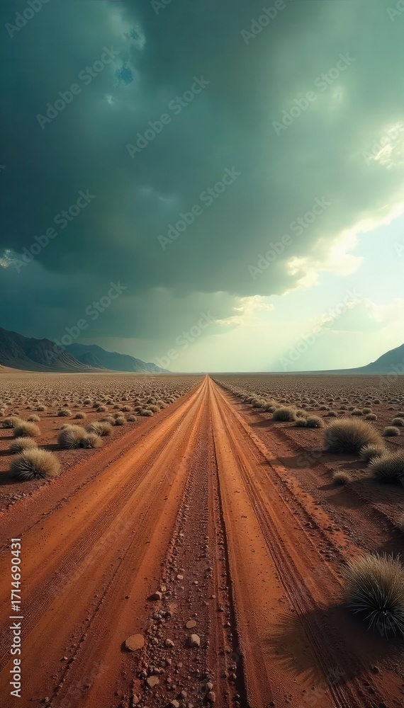 Fototapeta premium A desolate, empty landscape stretches to a lonely horizon under a vast, brooding sky The earth appears barren and untouched, conveying a profound sense of isolation , dry, vast, wilderness
