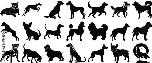 Black and White Silhouette Collection of Various Dog Breeds Posed in Different Positions
