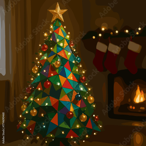 Colorful geometric Christmas tree decorated with lights and ornaments in a cozy setting