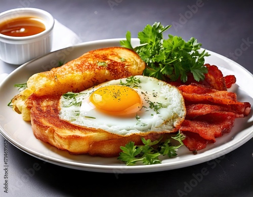 golden American breakfast garnished with fresh herbs on a white plate