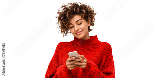  white background, a happy woman in a red sweater looking at her phone, with curly hair, a full-body shot, a transparent 