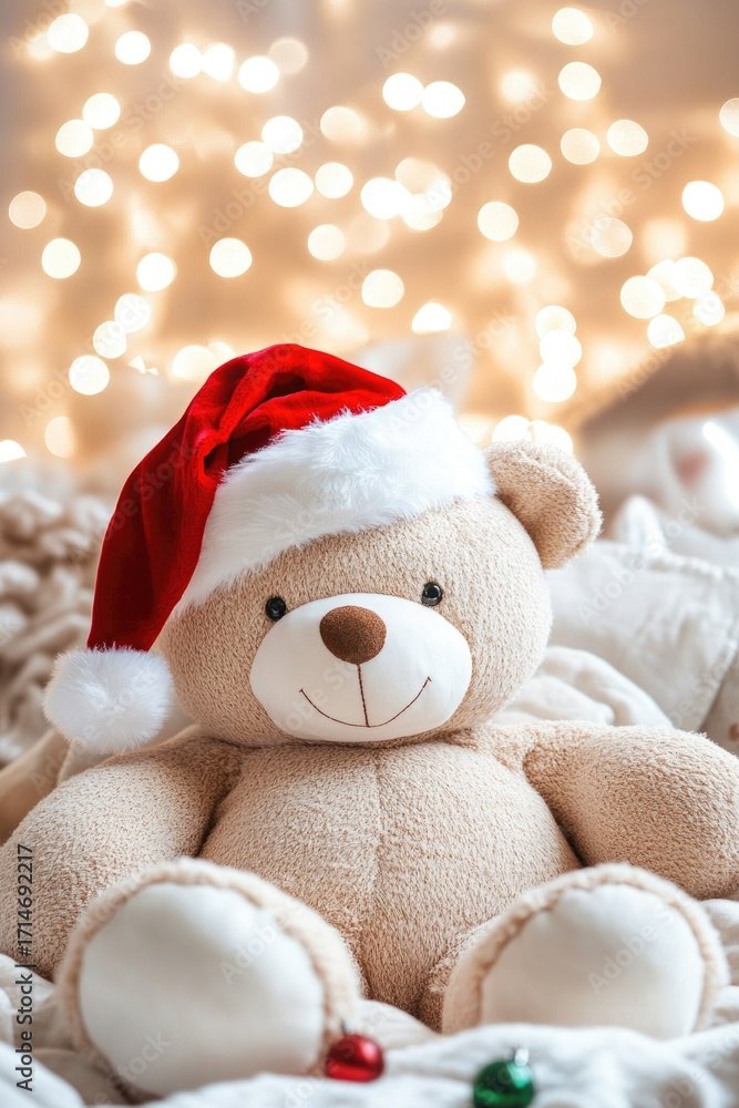 Fototapeta premium Cozy bear in santa hat with bokeh christmas lights background
