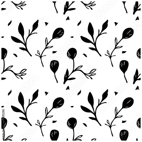 Elegant monochrome botanical repeat pattern featuring simplistic leaf and berry elements offering