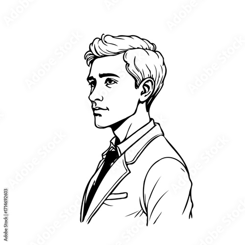 Elegant monochrome illustration of a young professional man in a suit with confident gaze for