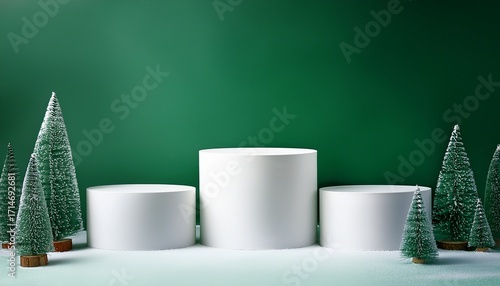 Christmas Three White Podium For Products Showcase Promotional Sale On Green Background