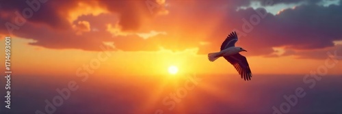 A lone bird takes flight against a vast, breathtaking sunset, symbolizing the boundless possibilities of freedom and the open sky , journey, serenity, unbound