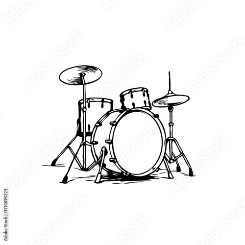 Elegant vintage monochrome line art illustration of a drum set perfect for musical themes and