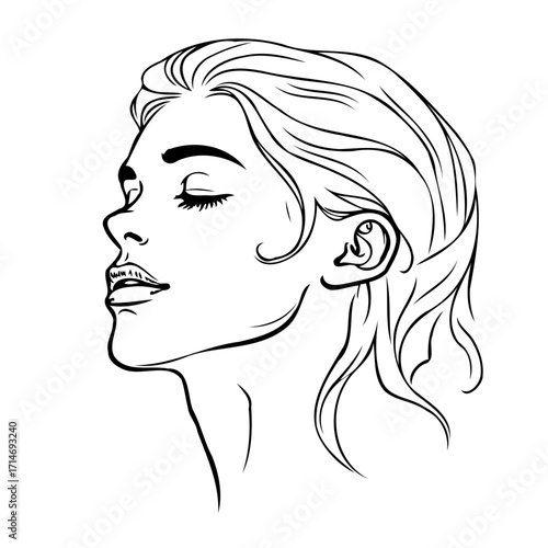 Elegant woman portrait with flowing hair, minimalist line art drawing, sophisticated design,