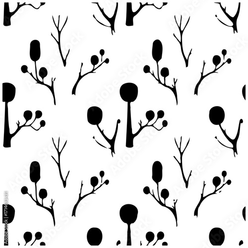 Enigmatic botanical silhouettes creating a captivating monochrome pattern evoking nature's serene