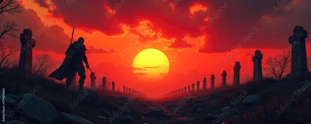 Naklejka premium A lone warrior, silhouetted against a fiery sunset, battles skeletal remains in a desolate graveyard The scene is filled with a palpable sense of struggle and eerie beauty , grave, warrior
