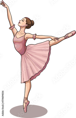 Female ballet dancer in pink tutu, graceful pose, pointe shoes, classical dance, cartoon illustration, ballerina performance, stage art, elegance, movement, vector design, live performance