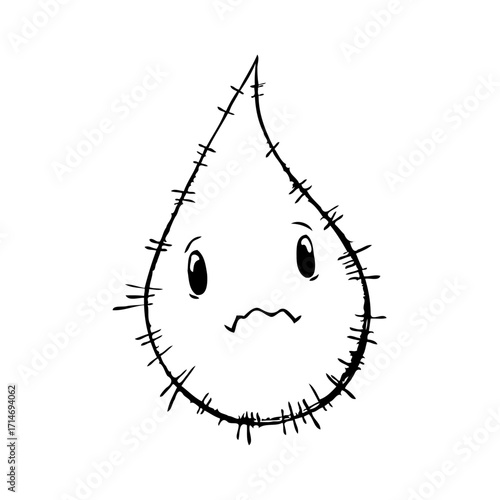 Expressive teardrop character conveying sadness with a minimalist sketch style showing a sorrowful