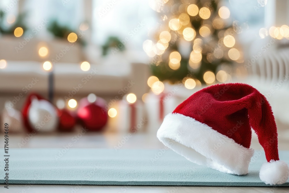 Fototapeta premium Santa hat on yoga mat with christmas tree background and warm holiday lights