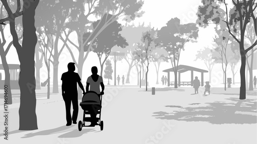 Couple strolling with stroller in park, peaceful outdoor lifestyle, family time together, natural vector design