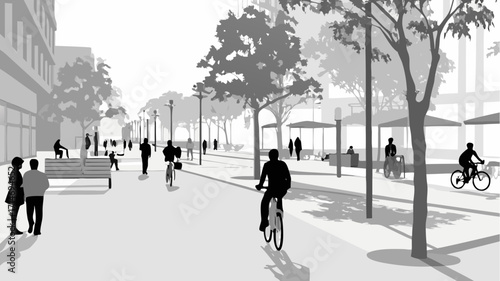 Modern city street scene with people walking and biking, capturing urban life and community spirit