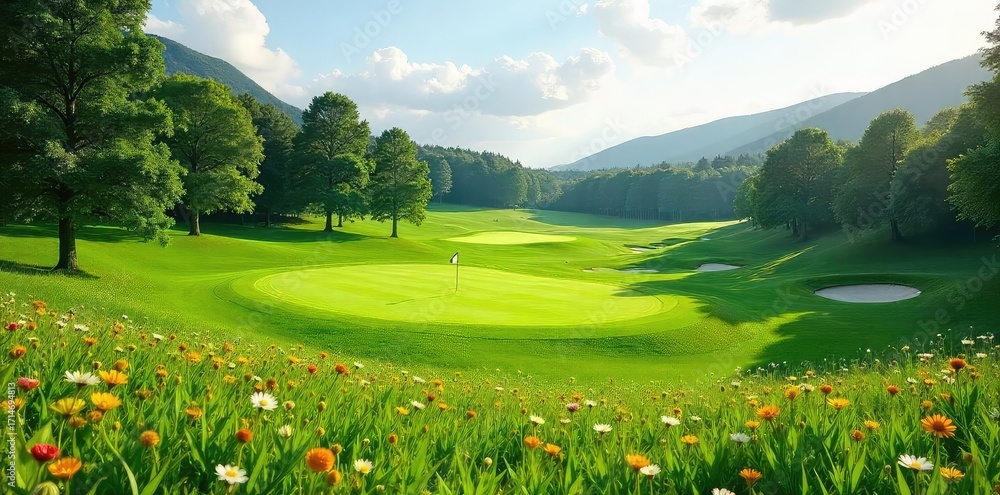 Fototapeta premium Idyllic Golf Course Meadow Sun-Dappled Fairways Winding Through Wildflowers