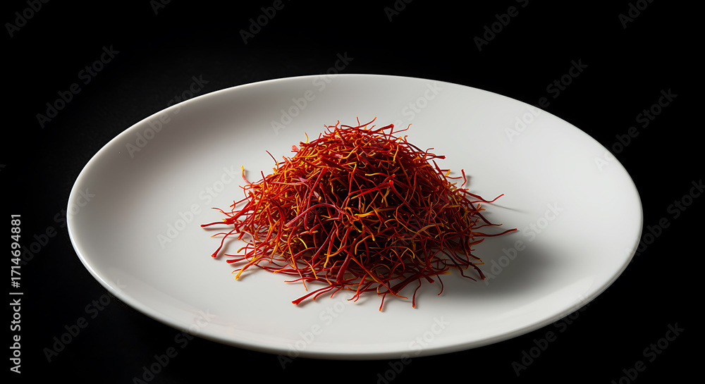 Naklejka premium Pile of red saffron threads on a white plate spice
