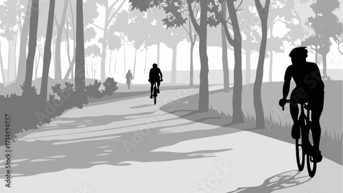 Cyclists enjoy a ride along a scenic tree lined path, promoting fitness and outdoor recreation lifestyle