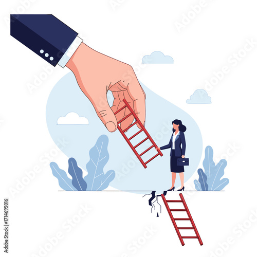 A giant hand offers a ladder to a businesswoman bridging a gap.