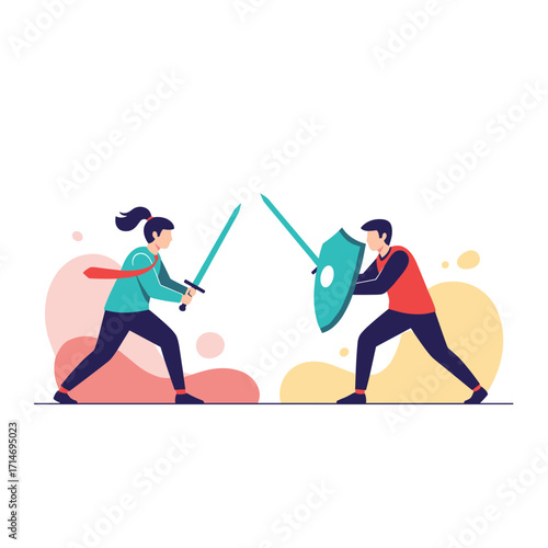 Two people engaged in a sword fight illustration.