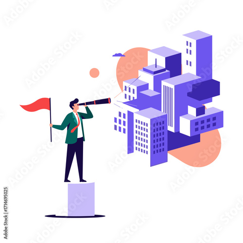 A businessman with a flag looks through a telescope at a futuristic city skyline in the distance.