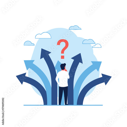 A person stands at a crossroads contemplating multiple diverging paths indicated by arrows, symbolizing decision making and future choices.