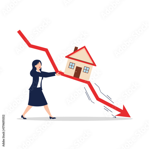 A businesswoman attempts to prevent a house from falling down a declining graph.