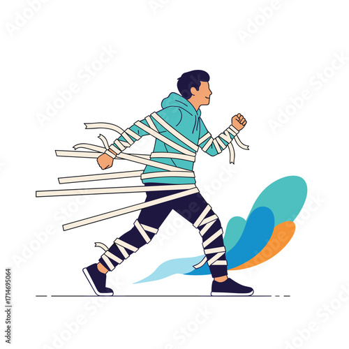A person is struggling to run while being wrapped in paper bandages.