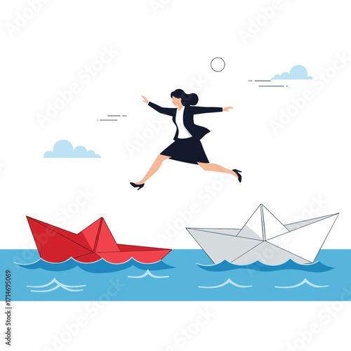 A determined businessperson leaps between two paper boats over the water.