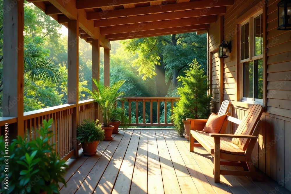 Obraz premium Sun-Drenched Porch Tranquil Escape for Relaxation and Contemplation. Wooden planks, potted plants, and gentle shadows create a peaceful atmosphere perfect for quiet moments.
