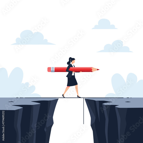 A businesswoman carefully walks across a narrow bridge holding a large red pencil.