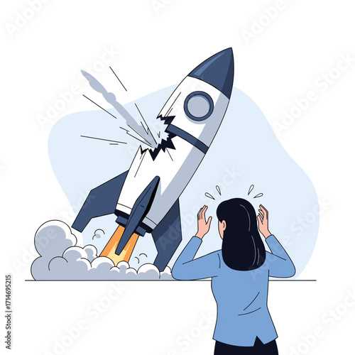 A failed rocket launch with a shocked observer watching the disaster unfold.