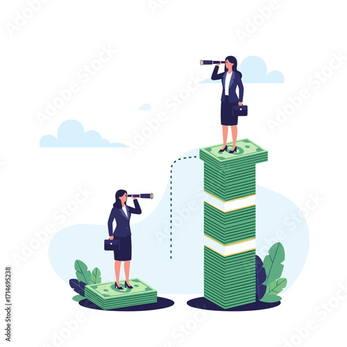 Two businesswomen with telescopes on stacks of money looking into the distance.