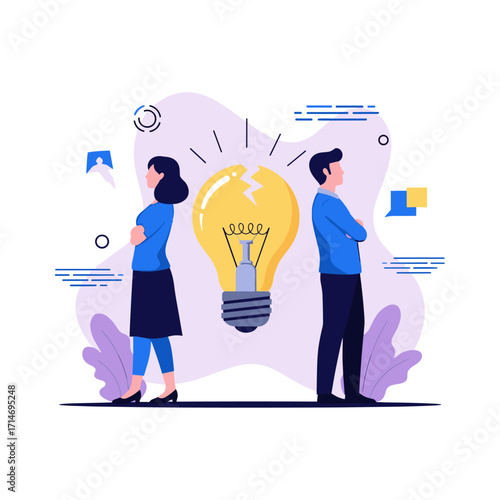 Two people with arms crossed stand back to back near a broken lightbulb.