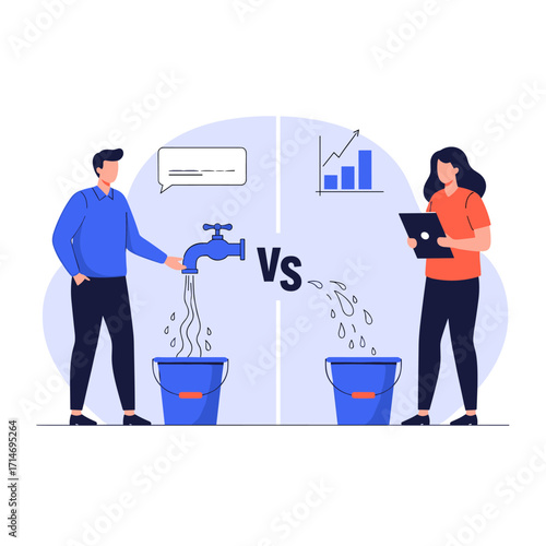The efficiency of water collection using different methods. Illustrating two distinct approaches to managing resources. Comparing collection techniques for optimal results.
