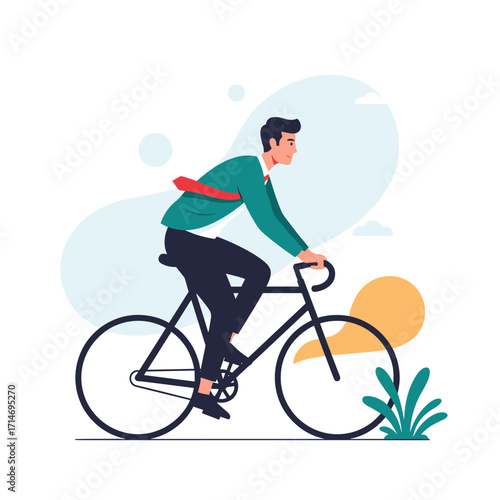 A man in a suit rides a bicycle with a red tie flapping in the wind on a sunny day.