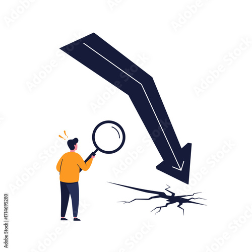 A small person looks at a large black arrow pointing downwards and cracking the ground.