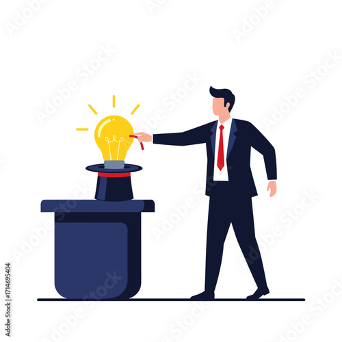 Businessman conjuring a bright idea from a magic hat to spark innovation and creativity.