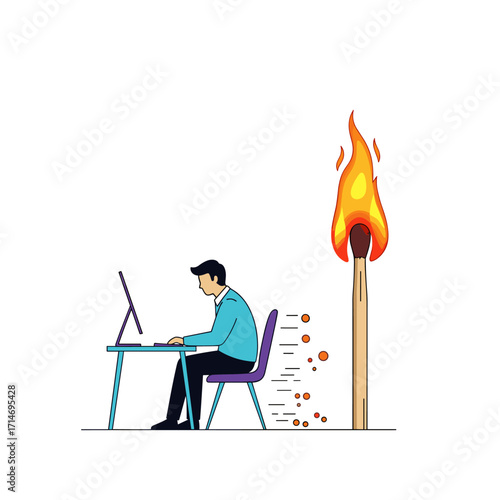 Man working on computer near a burning matchstick symbolizing burnout.
