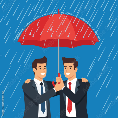 Two businessmen sharing an umbrella in the rain offering support and protection