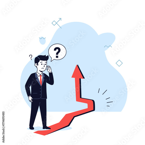 Man confused about a volatile upward trending stock market graph representing financial challenges.