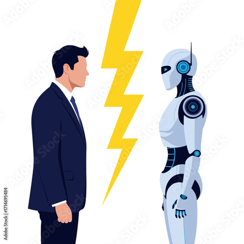 A human businessman confronts a robot a symbol of the ongoing technological competition.