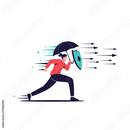 Person running with umbrella and shield defending against incoming arrows.