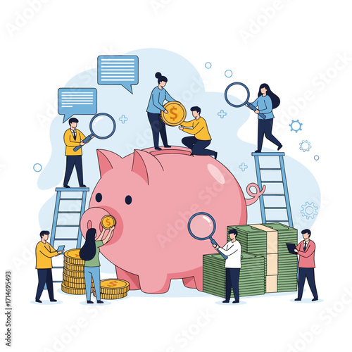 People working together to save money in a piggy bank illustration.