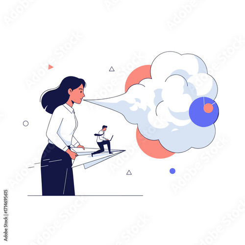 A woman blows a cloud of smoke to propel a tiny businessman on a paper airplane forward.
