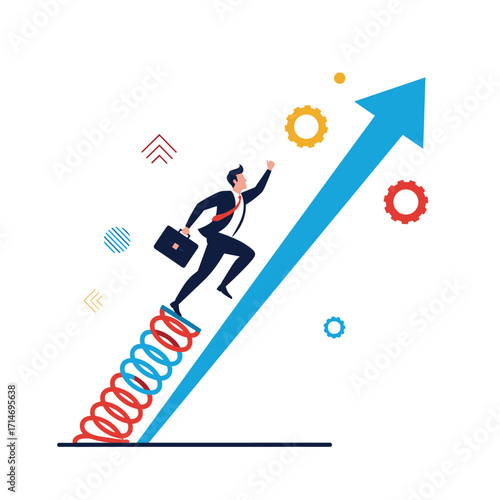 Business person bouncing up an upward trending arrow representing career growth and success.