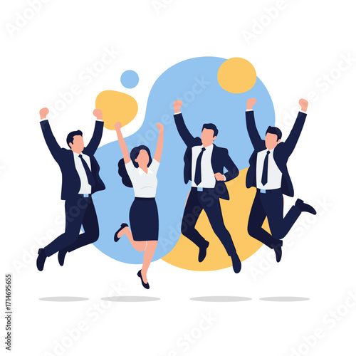 Excited business team members celebrating success with joyful jumps and raised arms.